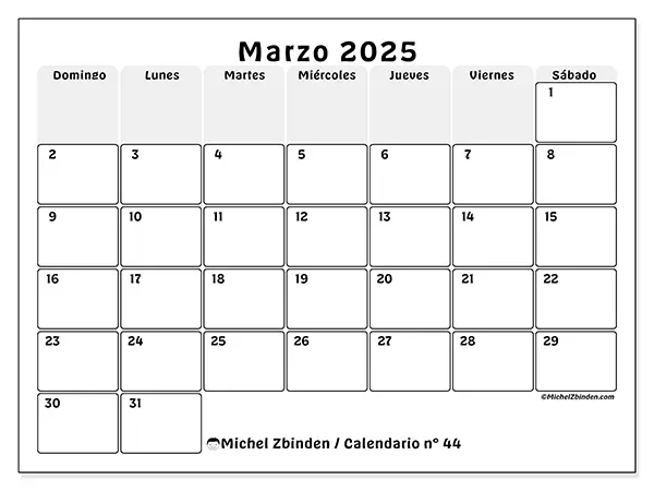 Calendario n.° 44 para marzo de 2025 para imprimir gratis. Semana: De domingo a sábado.