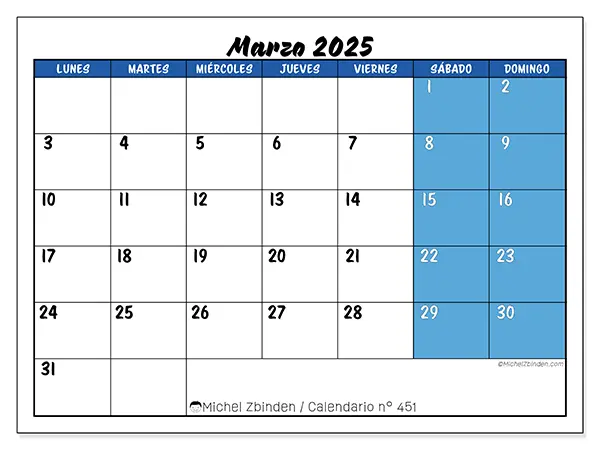 Calendario n.° 451 para marzo de 2025 para imprimir gratis. Semana: De lunes a domingo.