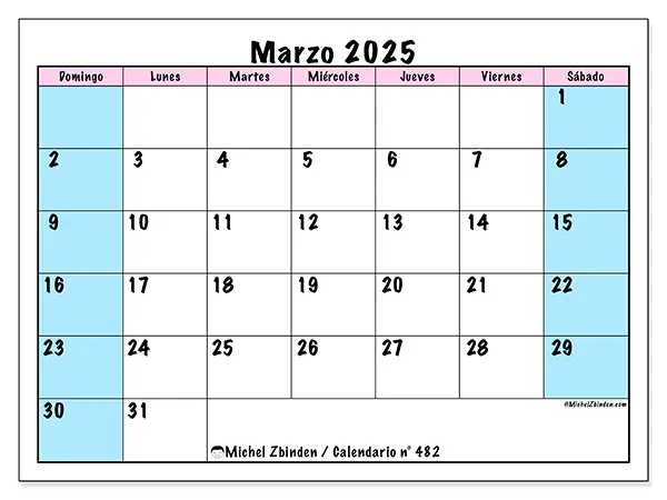 Calendario n.° 482 para imprimir gratis, marzo 2025. Semana:  De domingo a sábado