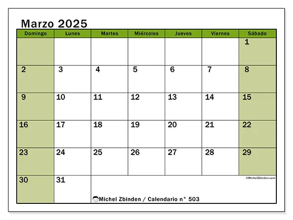 Calendario n.° 503 para marzo de 2025 para imprimir gratis. Semana: De domingo a sábado.