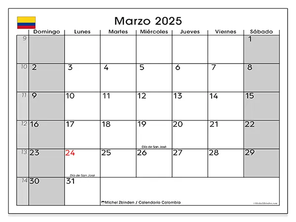Calendario Colombia para imprimir gratis de marzo de 2025. Semana: De domingo a sábado.