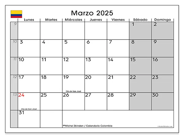 Calendario Colombia para imprimir gratis de marzo de 2025. Semana: De lunes a domingo.