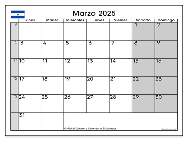 Calendario El Salvador para imprimir gratis de marzo de 2025. Semana: De lunes a domingo.