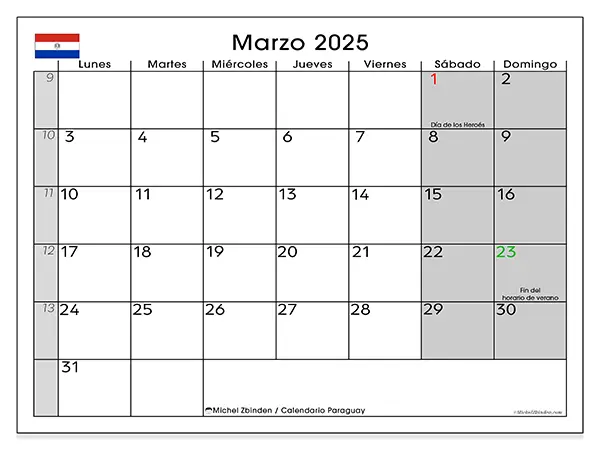 Calendario Paraguay para imprimir gratis de marzo de 2025. Semana: De lunes a domingo.