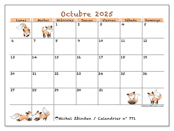 Calendario n.° 771 para imprimir gratis, octubre 2025. Semana:  De lunes a domingo