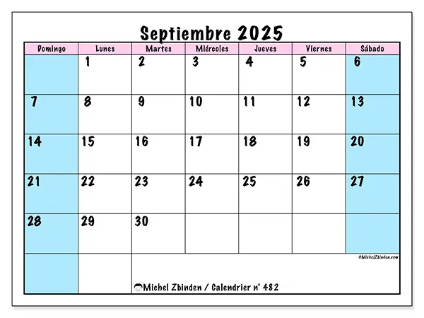 Calendario n.° 482 para imprimir gratis, septiembre 2025. Semana:  De domingo a sábado