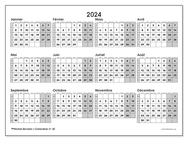 Calendrier n° 30 à imprimer pour 2024