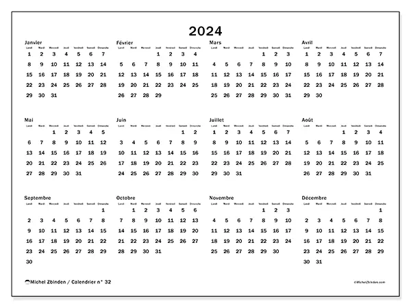 Calendrier n° 32 pour 2024 à imprimer gratuit. Semaine : Lundi à dimanche.