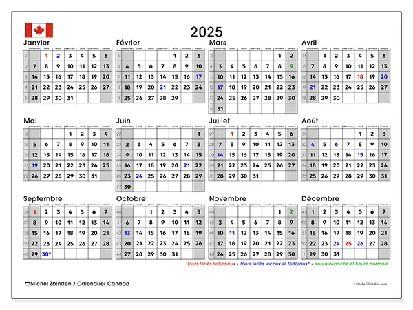 Calendrier Canada pour 2024 à imprimer gratuit. Semaine : Dimanche à samedi.