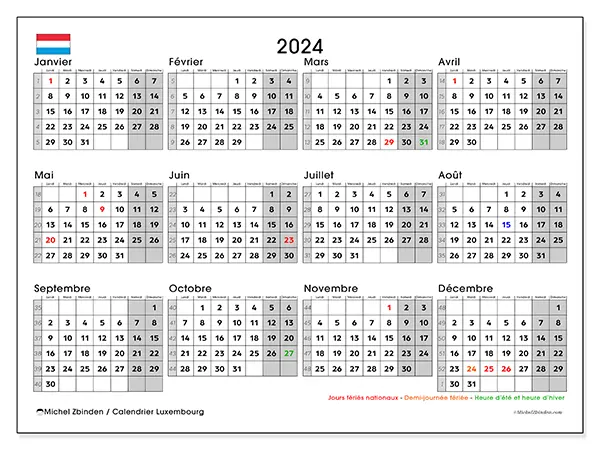 Calendrier Luxembourg pour 2024 à imprimer gratuit. Semaine : Lundi à dimanche.