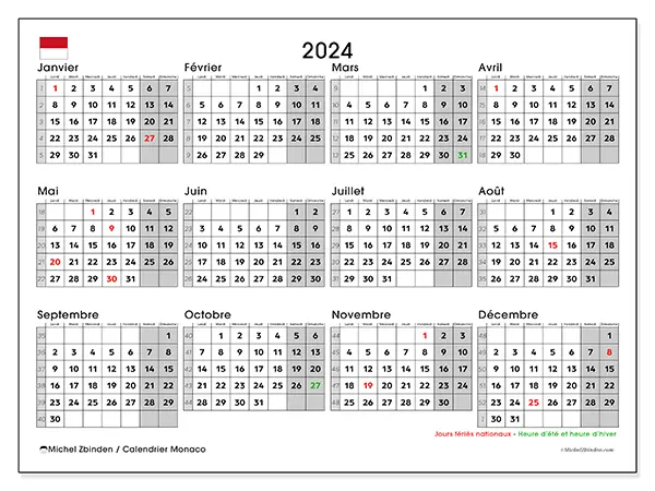 Calendrier Monaco pour 2024 à imprimer gratuit. Semaine : Lundi à dimanche.
