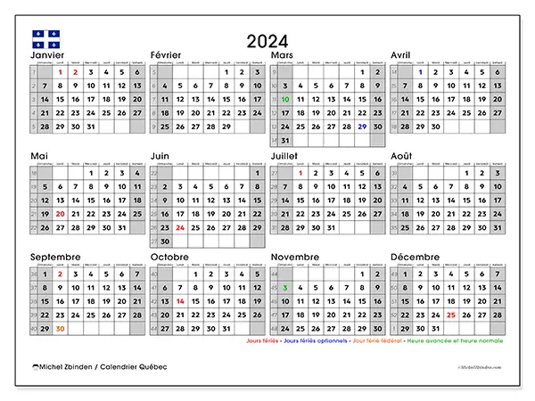 Calendrier Québec pour 2024 à imprimer gratuit. Semaine : Dimanche à samedi.