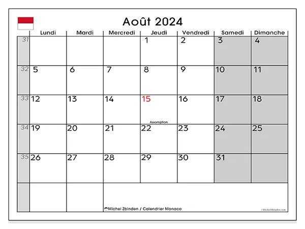Calendrier Monaco pour août 2024 à imprimer gratuit. Semaine : Lundi à dimanche.