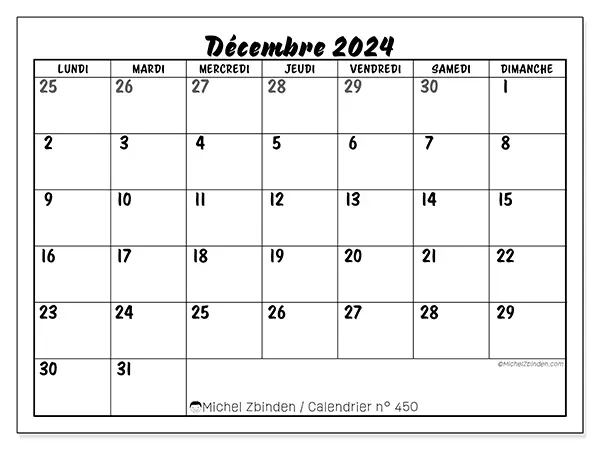 Calendrier n° 450 pour décembre 2024 à imprimer gratuit. Semaine : Lundi à dimanche.