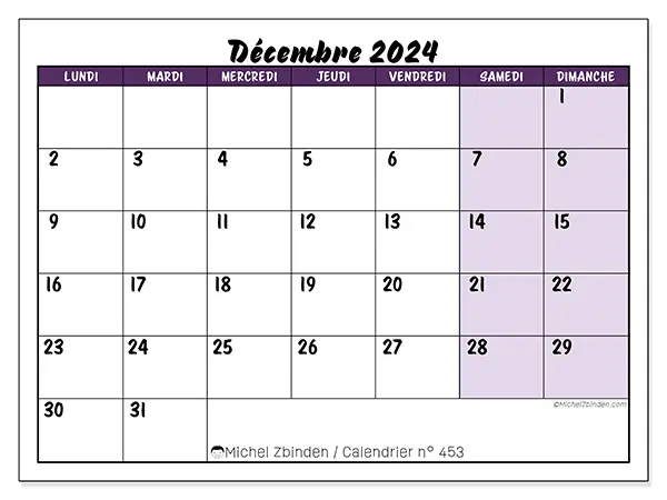 Calendrier n° 453 pour décembre 2024 à imprimer gratuit. Semaine : Lundi à dimanche.