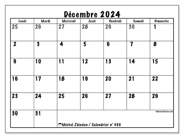 Calendrier n° 480 pour décembre 2024 à imprimer gratuit. Semaine : Lundi à dimanche.