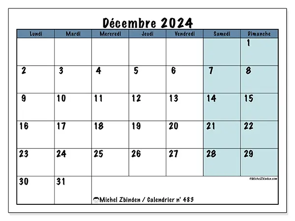 Calendrier n° 483 pour décembre 2024 à imprimer gratuit. Semaine : Lundi à dimanche.