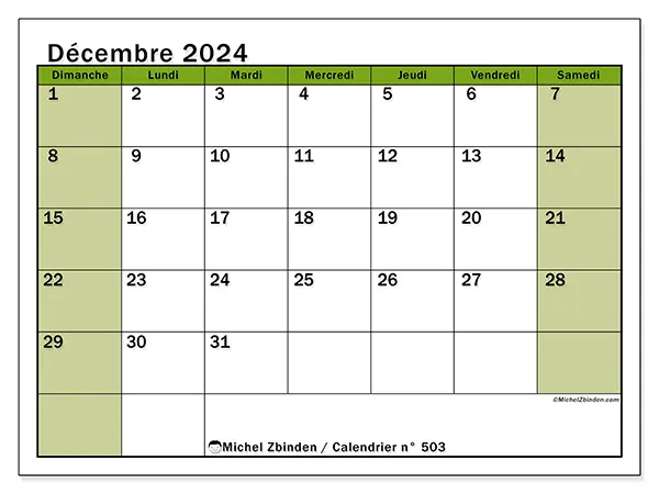 Calendrier n° 503 pour décembre 2024 à imprimer gratuit. Semaine : Dimanche à samedi.