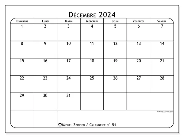 Calendrier n° 51 pour décembre 2024 à imprimer gratuit. Semaine : Dimanche à samedi.