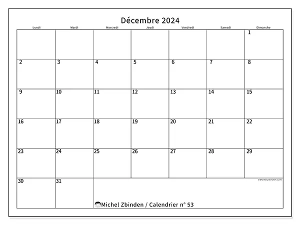 Calendrier n° 53 pour décembre 2024 à imprimer gratuit. Semaine : Lundi à dimanche.