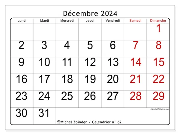 Calendrier n° 62 pour décembre 2024 à imprimer gratuit. Semaine : Lundi à dimanche.