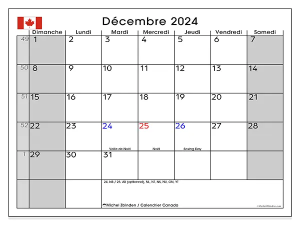 Calendrier Canada pour décembre 2024 à imprimer gratuit. Semaine : Dimanche à samedi.