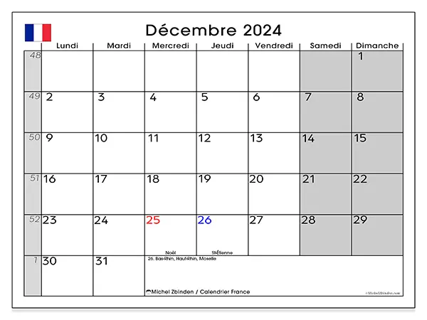 Calendrier France pour décembre 2024 à imprimer gratuit. Semaine : Lundi à dimanche.