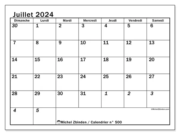 Calendrier n° 500 pour juillet 2024 à imprimer gratuit. Semaine : Dimanche à samedi.