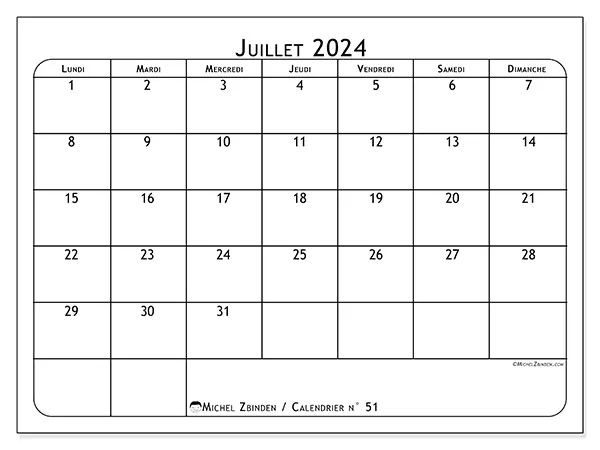 Calendrier n° 51 pour juillet 2024 à imprimer gratuit. Semaine : Lundi à dimanche.