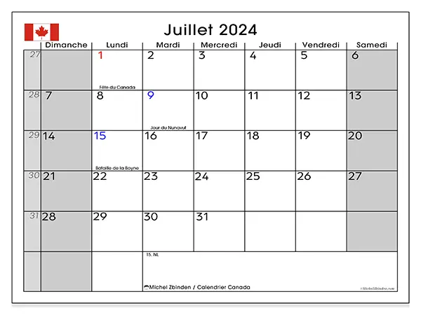 Calendrier Canada pour juillet 2024 à imprimer gratuit. Semaine : Dimanche à samedi.