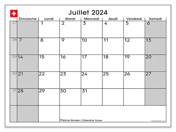 Calendrier Suisse pour juillet 2024 à imprimer gratuit. Semaine : Dimanche à samedi.