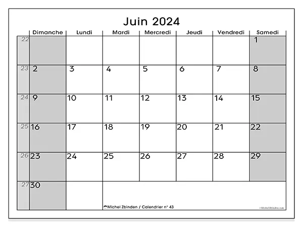 Calendrier n° 43 pour juin 2024 à imprimer gratuit. Semaine : Dimanche à samedi.