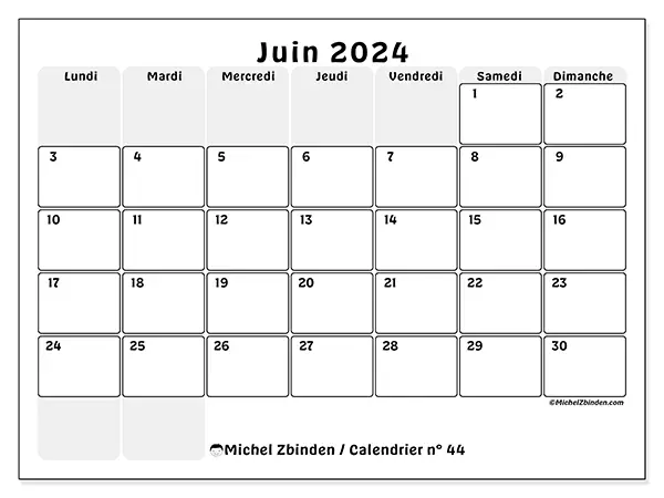 Calendrier n° 44 à imprimer pour juin 2024.