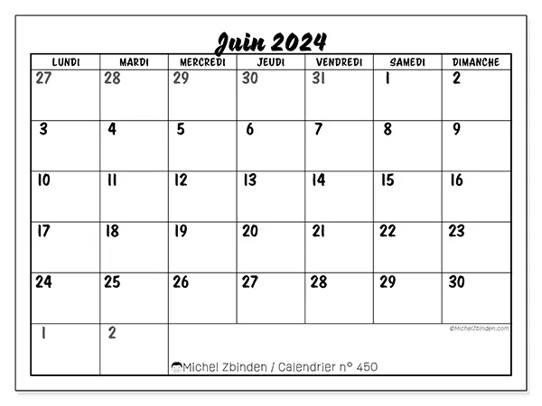 Calendrier n° 450 à imprimer pour juin 2024.