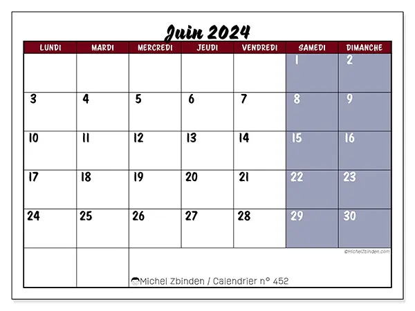 Calendrier n° 452 à imprimer pour juin 2024.