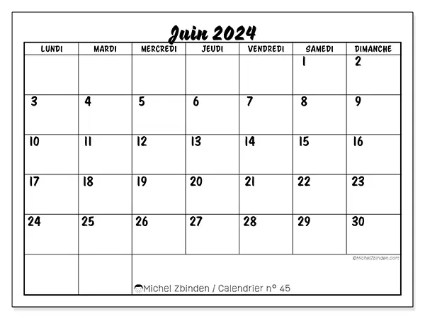 Calendrier n° 45 à imprimer pour juin 2024.