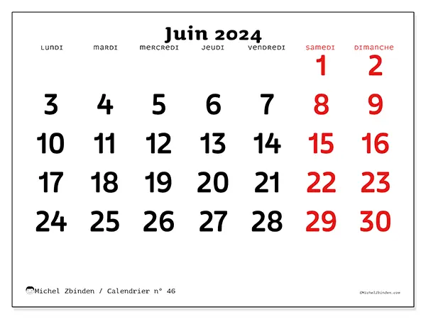 Calendrier n° 46 à imprimer pour juin 2024.
