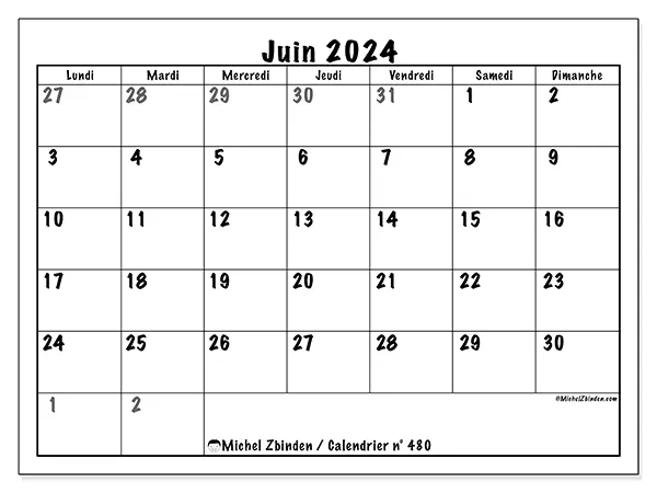 Calendrier n° 480 à imprimer pour juin 2024.
