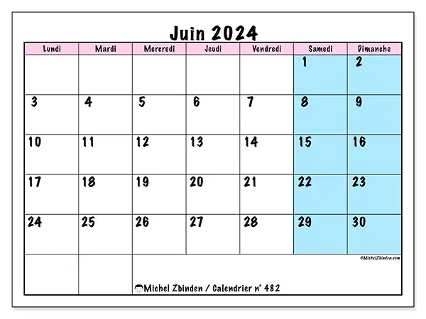 Calendrier n° 482 à imprimer pour juin 2024.