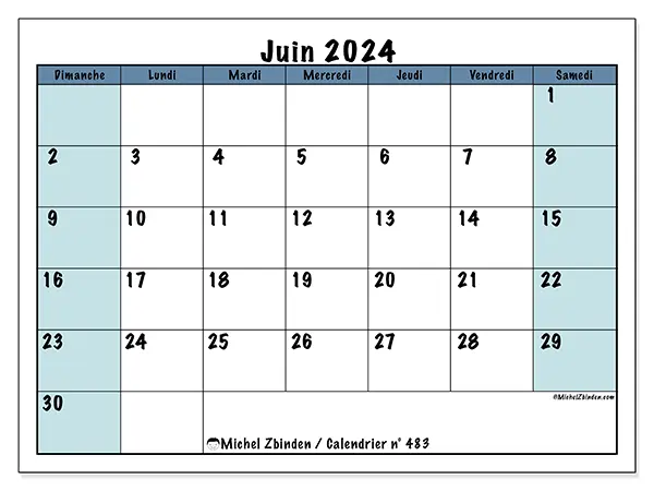 Calendrier n° 483 pour juin 2024 à imprimer gratuit. Semaine : Dimanche à samedi.
