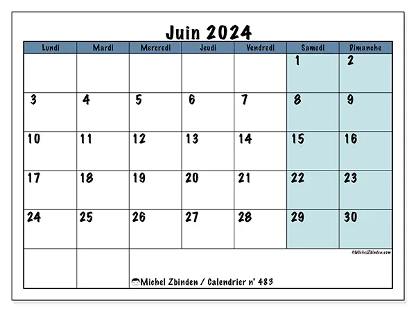 Calendrier n° 483 à imprimer pour juin 2024.
