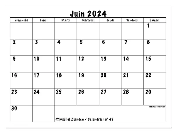 Calendrier n° 48 pour juin 2024 à imprimer gratuit. Semaine : Dimanche à samedi.