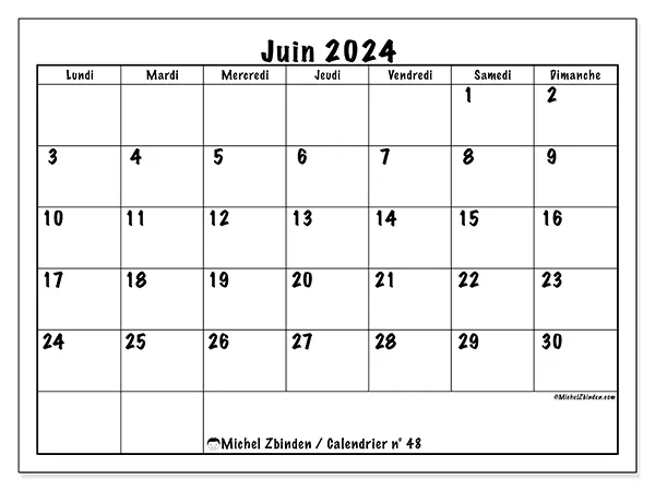 Calendrier n° 48 à imprimer pour juin 2024.