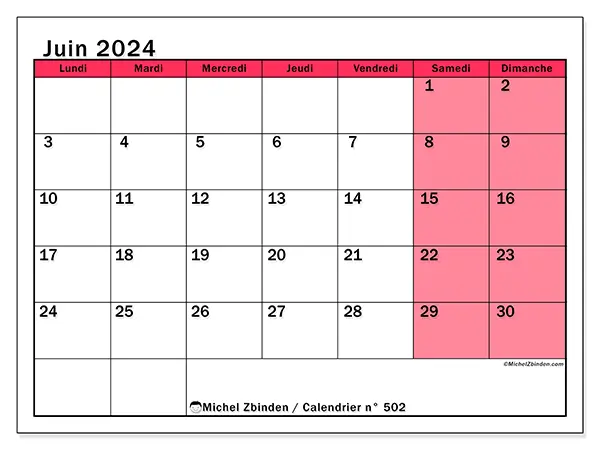 Calendrier n° 502 à imprimer pour juin 2024.