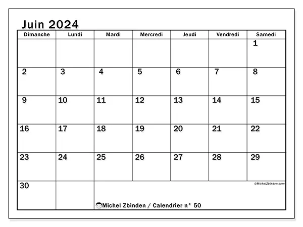 Calendrier n° 50 pour juin 2024 à imprimer gratuit. Semaine : Dimanche à samedi.