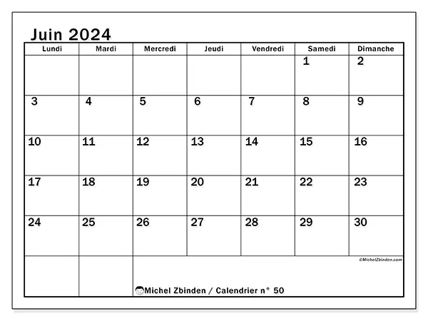 Calendrier n° 50 pour juin 2024 à imprimer gratuit. Semaine : Lundi à dimanche.