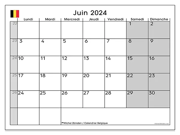 Calendrier Belgique pour juin 2024 à imprimer gratuit. Semaine : Lundi à dimanche.
