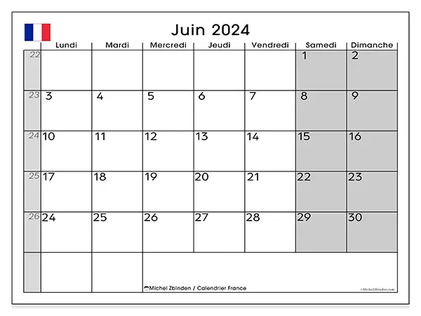 Calendrier France pour juin 2024 à imprimer gratuit. Semaine : Lundi à dimanche.