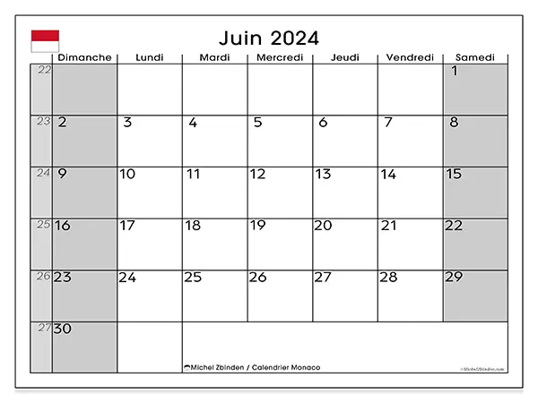 Calendrier Monaco pour juin 2024 à imprimer gratuit. Semaine : Dimanche à samedi.
