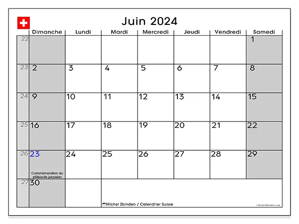 Calendrier Suisse pour juin 2024 à imprimer gratuit. Semaine : Dimanche à samedi.